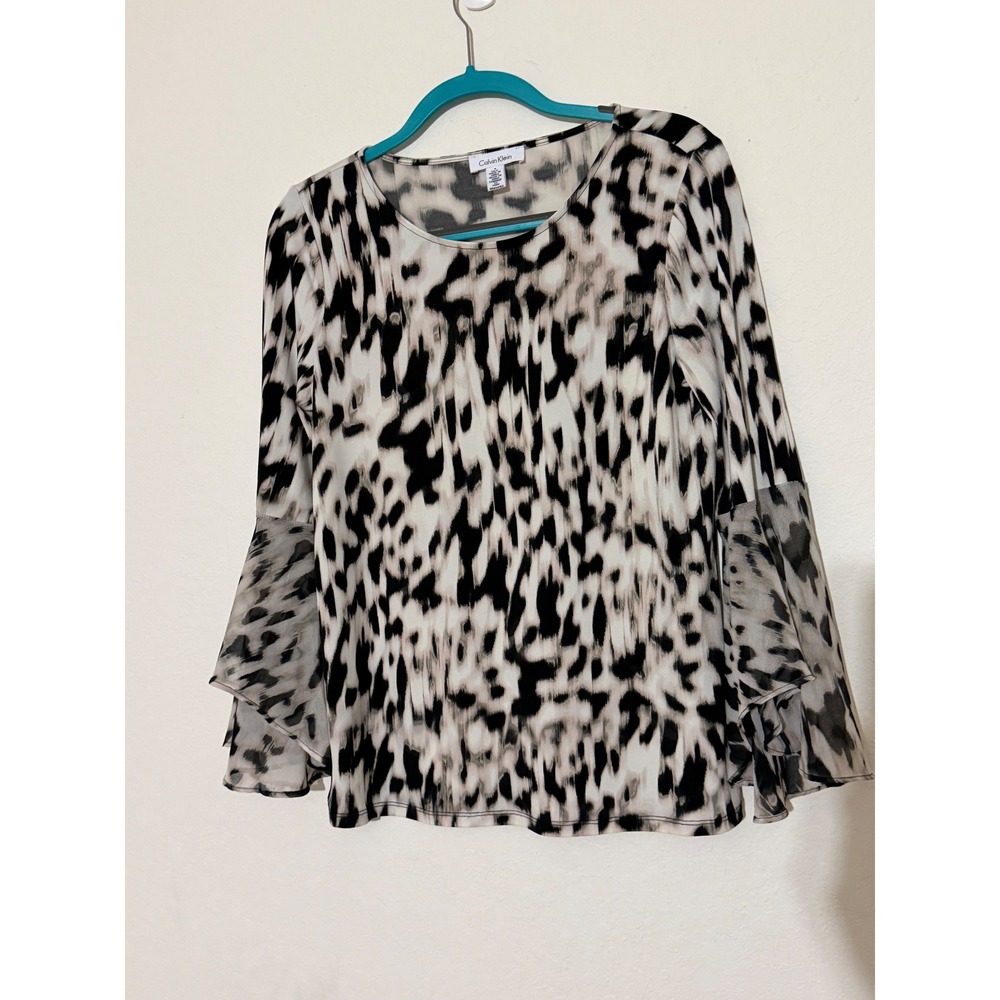 Calvin Klein Womens Animal Print Bell Sleeve Blouse Black White K7HH6803 Small